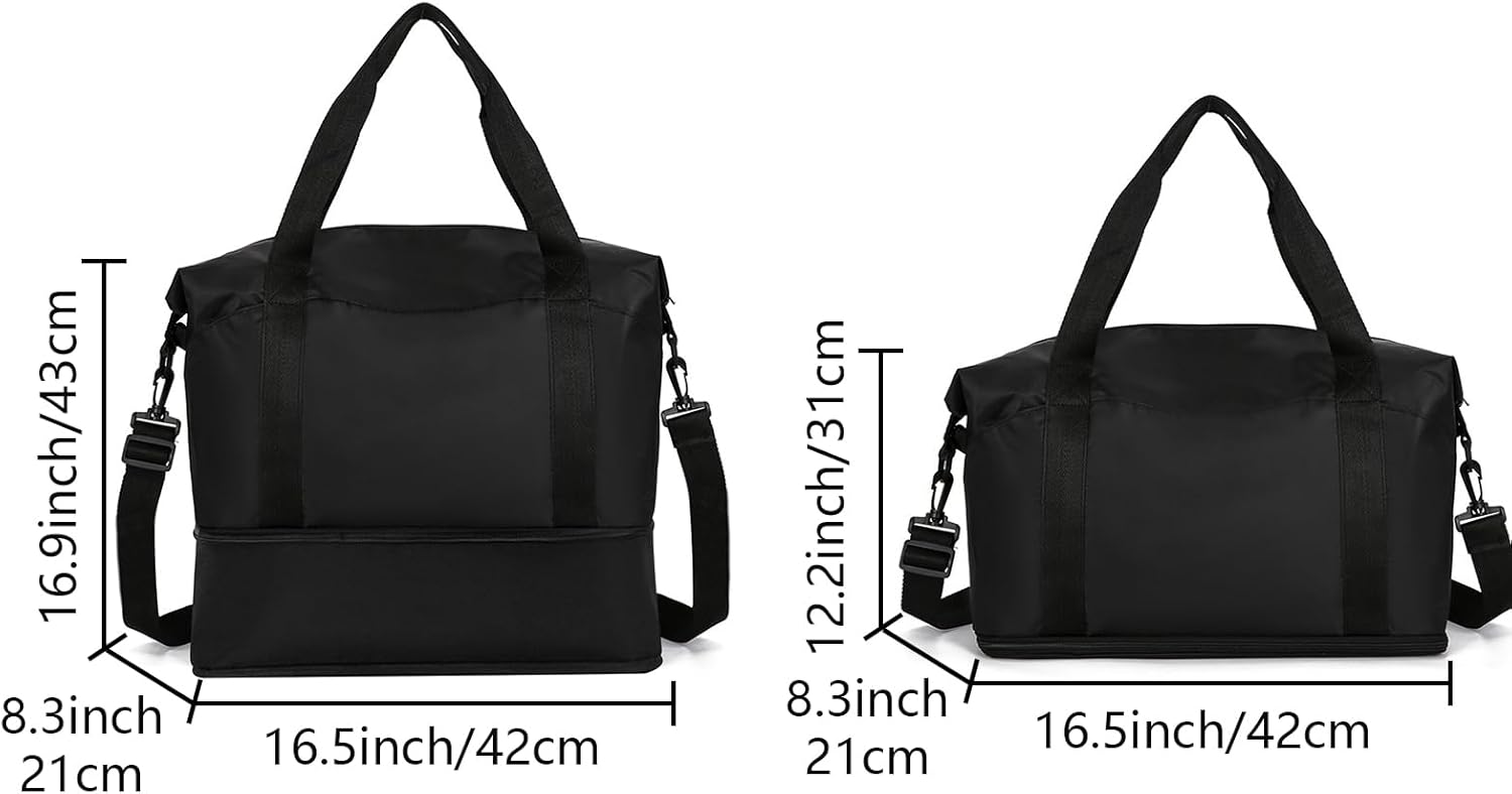 Weekender Bags for Women, Personal Item Travel Bag, Overnight Bag Luggage Bag, Foldable Sports Tote Gym Bag for Men, Travel Tote Bags with Detachable Shoulder Strap and Wet Compartment (Black)