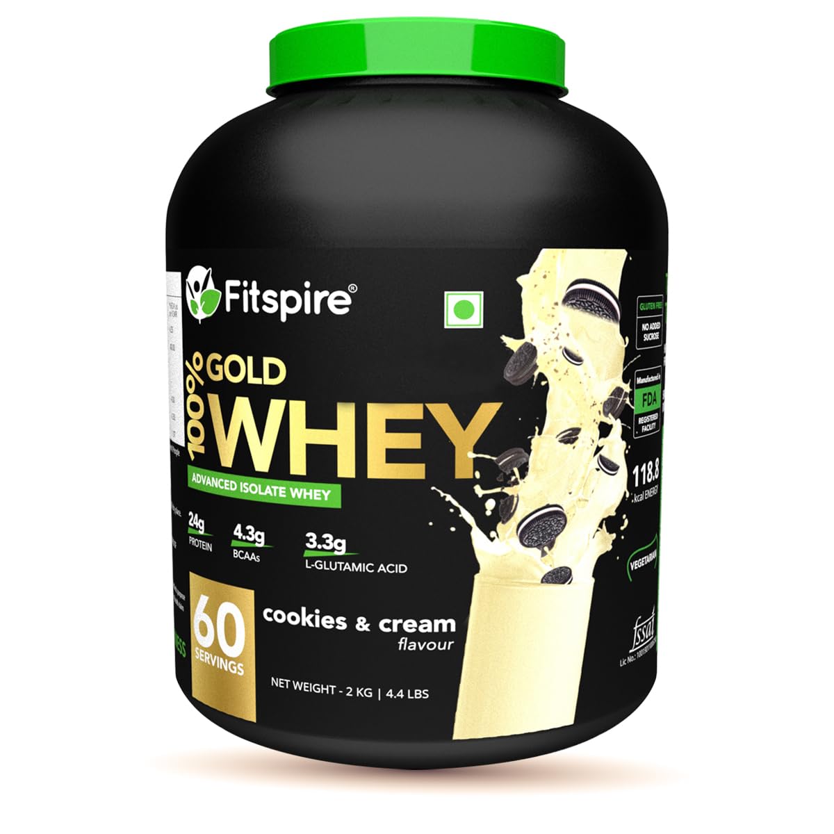Fitspire 100 Gold Advanced Isolate Whey Protein Cookie and Cream, 2 kg/4.4 lb 33 gm Serving