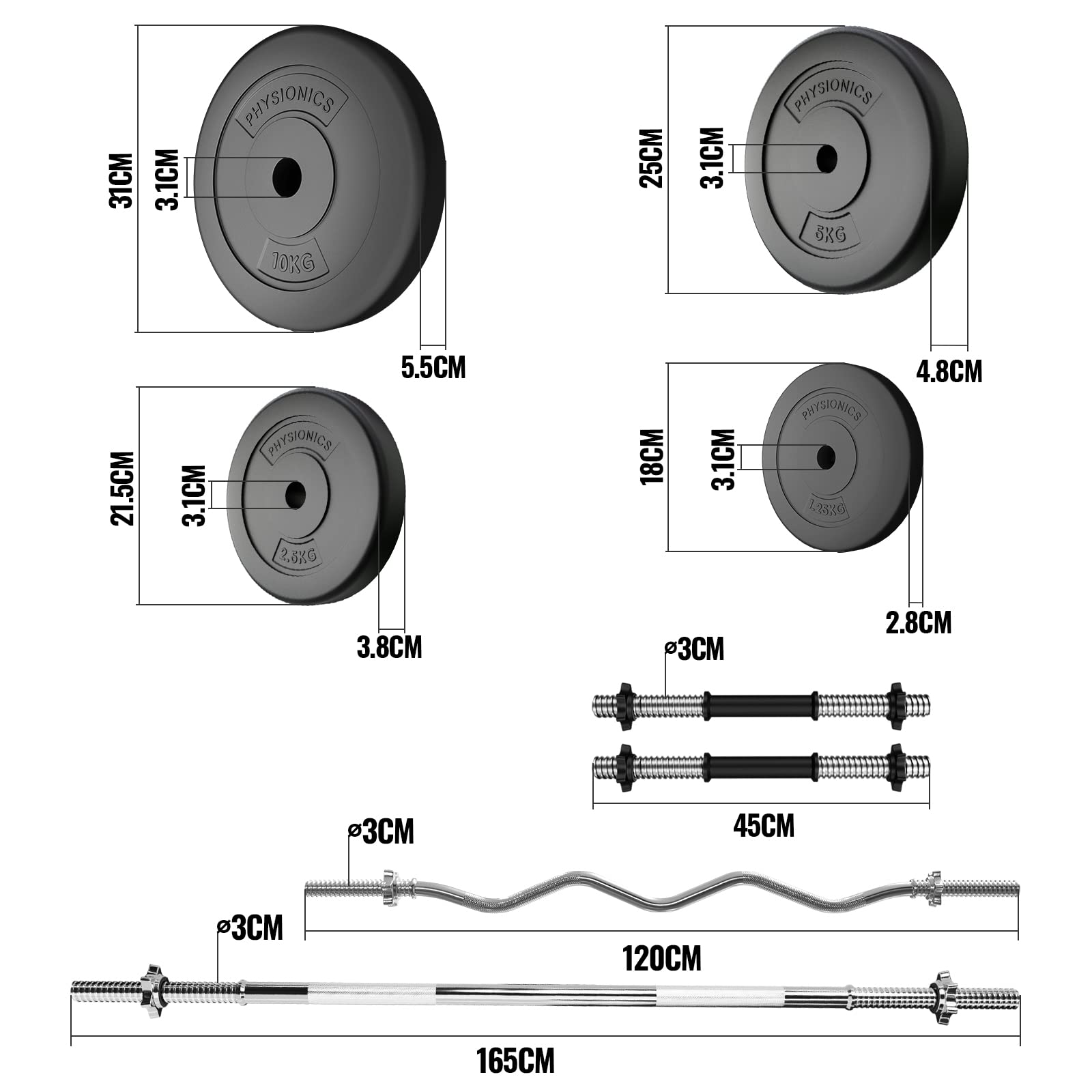 Physionics® Zestaw hantli – 45/75/105/125 kg, sztanga długa 165 cm, Ø 30 mm, 2 hantle krótkie, sztangi SZ, ciężarki – krótka sztanga do sztangi (długa + 2 hantle 125 kg)