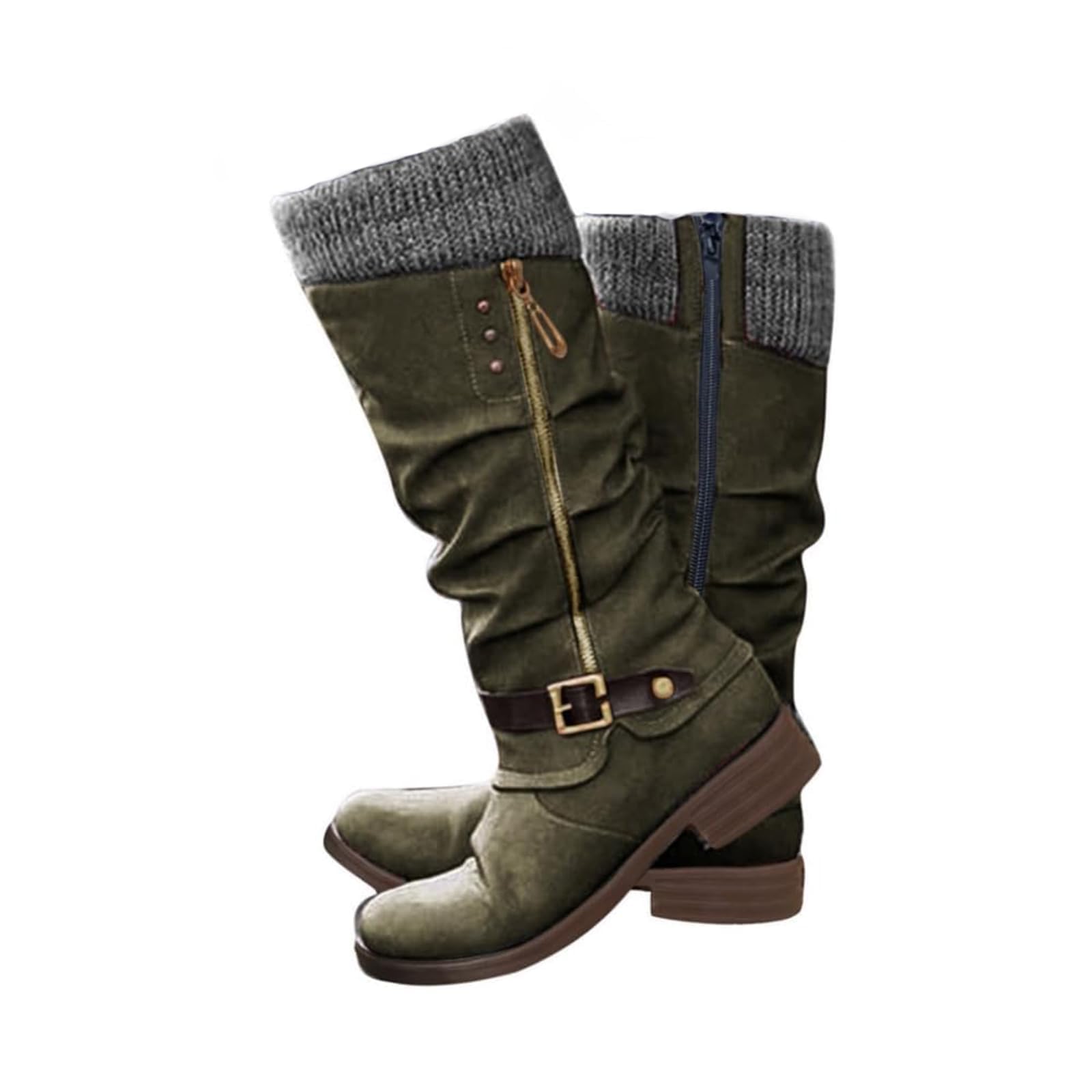 Knee High Boots for Women Wide Calf Fashion Side Zipper Vintage Winter Booties Mid Calf Sweater Knitted Ruched