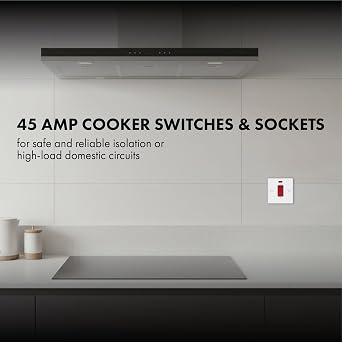 Vector 45A Double Pole Switch with Neon Indicator, White, Single Plate Cooker Control Switch, Screw Caps Included