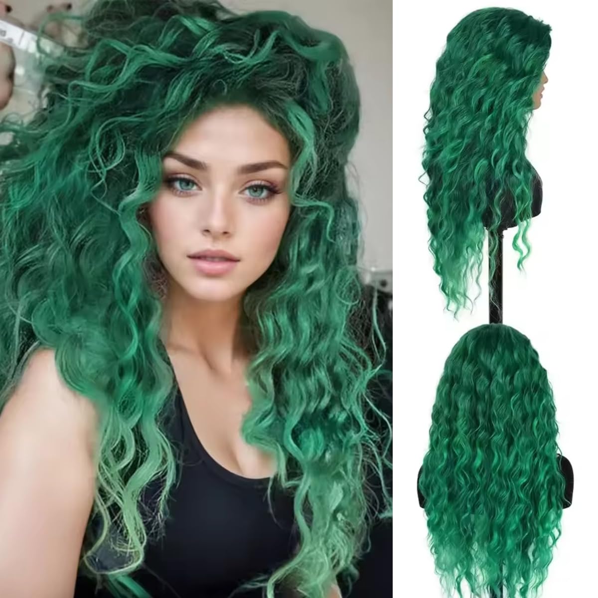 Long Curly Wavy Green Wig for Women Natural Ombre Fluffy Synthetic Hair for Costume Cosplay Halloween Party