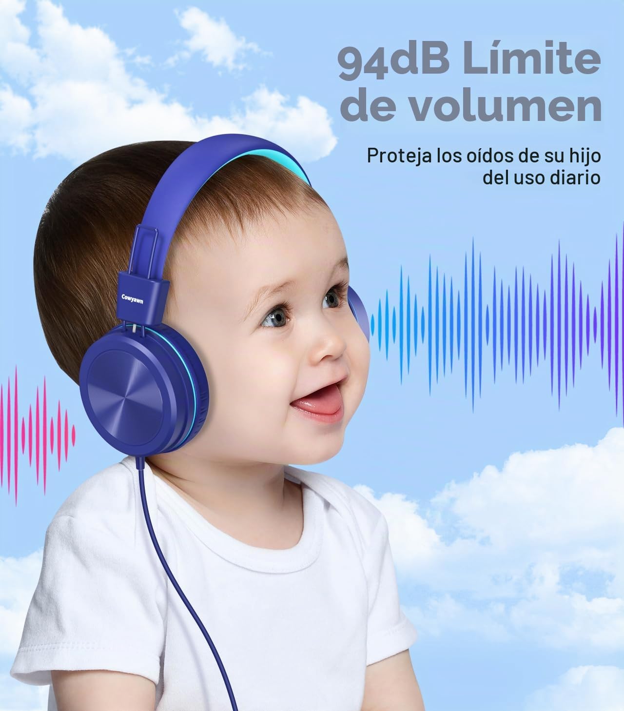 Cowyawn Auriculares para niños con limitador de Volumen Seguro de 94 dB, Auriculares Escolares con Cable para niños con diseño Ajustable y Flexible para niños y niñas, Azul