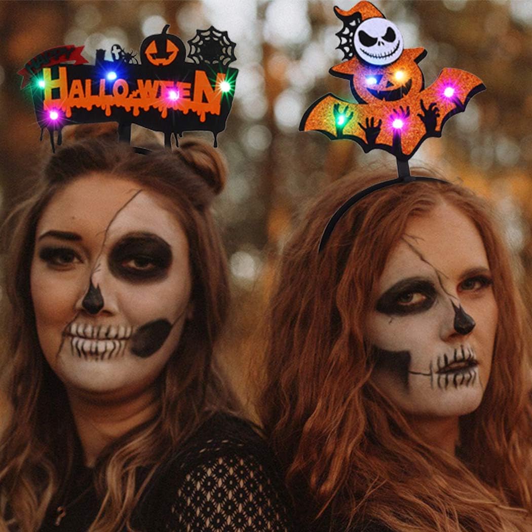 Zoestar LED Halloween Headbands Light up Glowing Headband Pumpkin Black Cat Hair Hoops Spider Web Ghost Party Costume Hair Accessories for Women,2 Pcs (Style 1) - Image 2