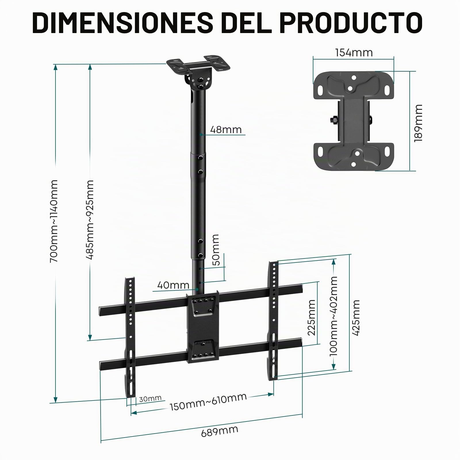 Soporte TV Techo para, Ajustable e inclinable – Compatible con la mayoría de los televisores de 43 a 86 Pulgadas, Soporte de Techo Full-Motion, soporta hasta 60 kg, Compatible con VESA 600 x 400 mm