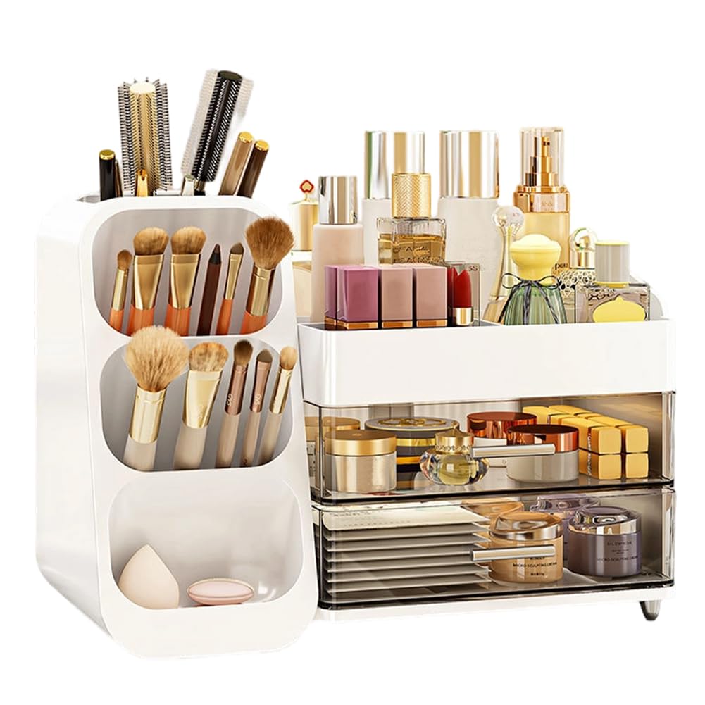 Organizador de cosméticos con 3 cajones, gran almacenamiento y portátil, caja de almacenamiento para escritorio, viaje y baño, ideal para amantes del maquillaje y profesionales (color blanco)