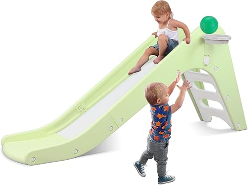 Arlopu Tobogán independiente para niños, escalador de tobogán para niños pequeños con aro de baloncesto y pelota, juego de bebé con pendiente larga,