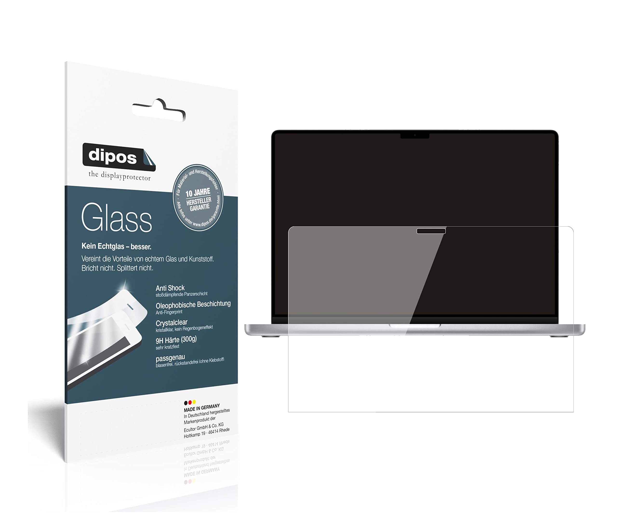 dipos Protector de Pantalla 9H claro para Apple MacBook Pro 14" 2021 | Transparente, no se rompe ni astilla, no es cristal, antigolpes, antiarañazos, sin burbujas, apto para fundas, autoadhesivo