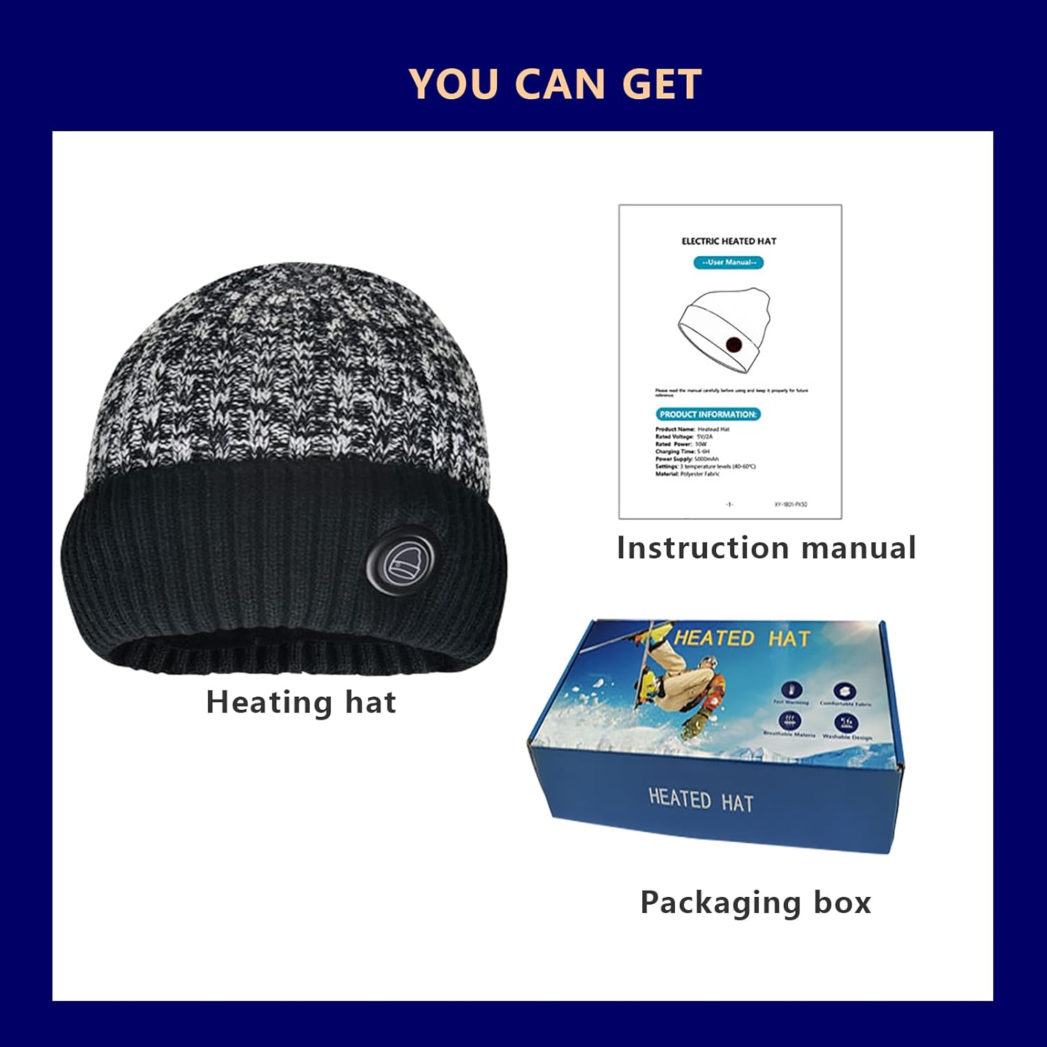 Heated Beanie Hat, Electric Warm Beanie Hat Cap,3 Temp Settings, 7.4V DC3.5mm Power Plug,Battery not Included, Fits Head Circumference 52-58cm, Washable,for Outdoor Cold Day Winter (JL-M70 Grey)