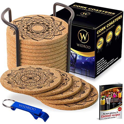 Mandala Coasters, Coaster Holder – Bar Coasters – Premium Cork Coaster Set of