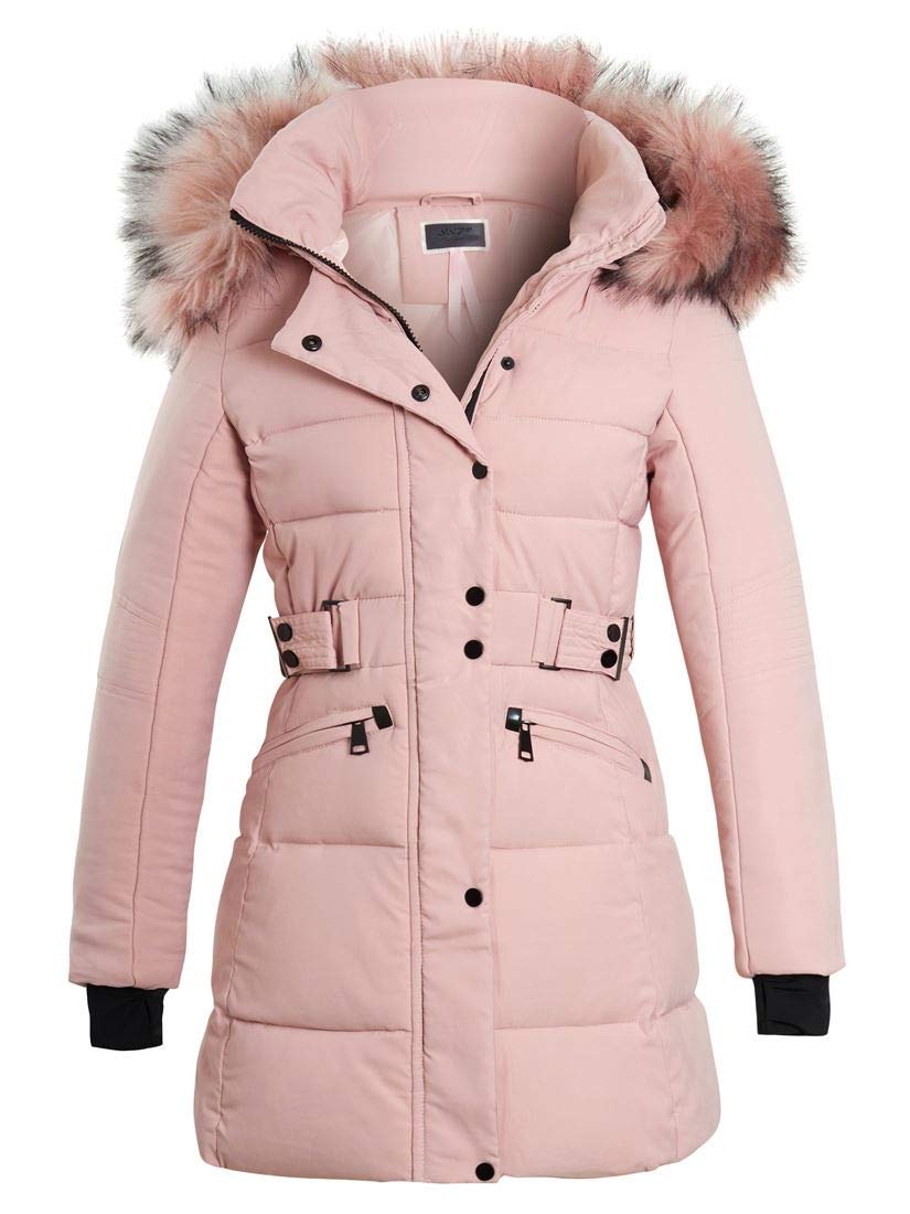 Ss7 Women's Pink Longline Puffer Parka Faux Fur Coat