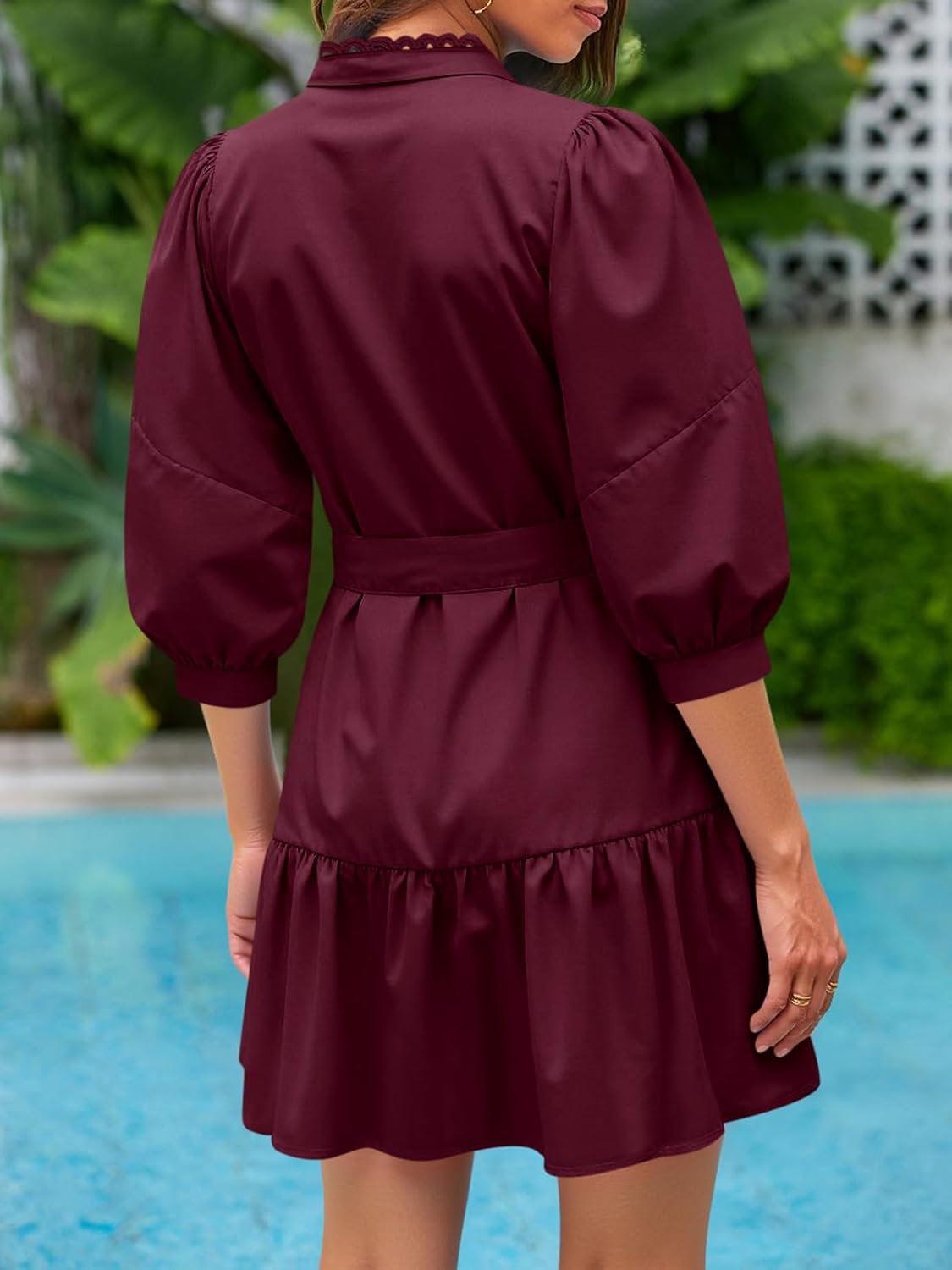 Cicy Bell Womens Puff 3/4 Sleeve Mini Dresses Bow Tie Waist V Neck Casual Trendy Ruffle Tiered Short Dress - Image 6