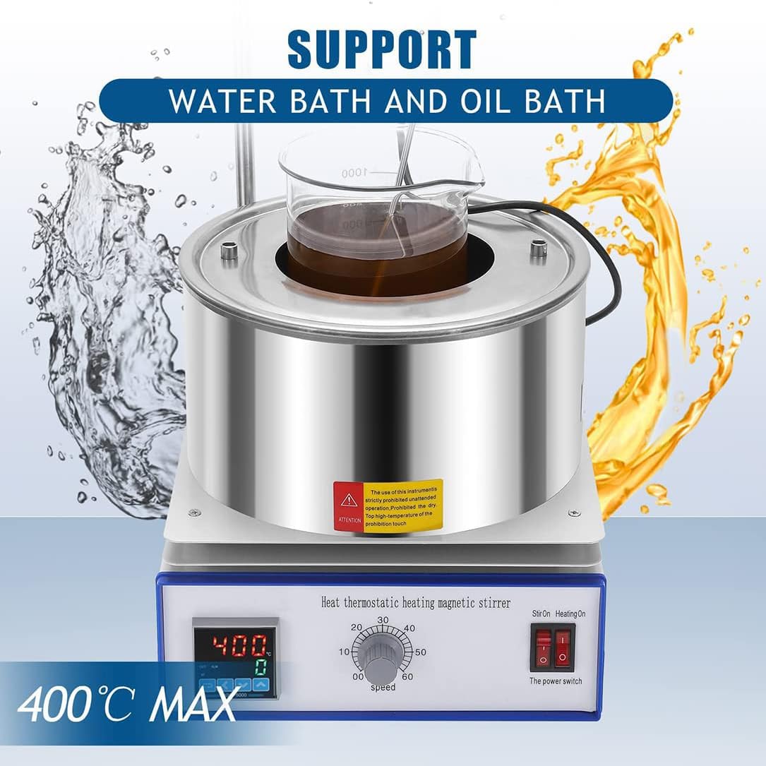 Baño de agua de laboratorio con agitación magnética, capacidad de 2000 ml, olla de calefacción de 300 °C, agitador mezclador de 0-2600 rpm, pantalla digital LED para investigación científica