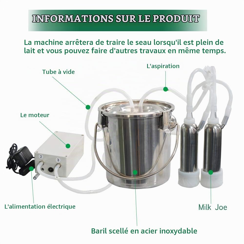 Machine à Traire pour Chèvres – Machine à Traire Portable avec Pompe à Vide Pulsée de 3 L, Seau en Acier Inoxydable 304 Mr Milker avec Clapet Anti-retour D'arrêt Automatique
