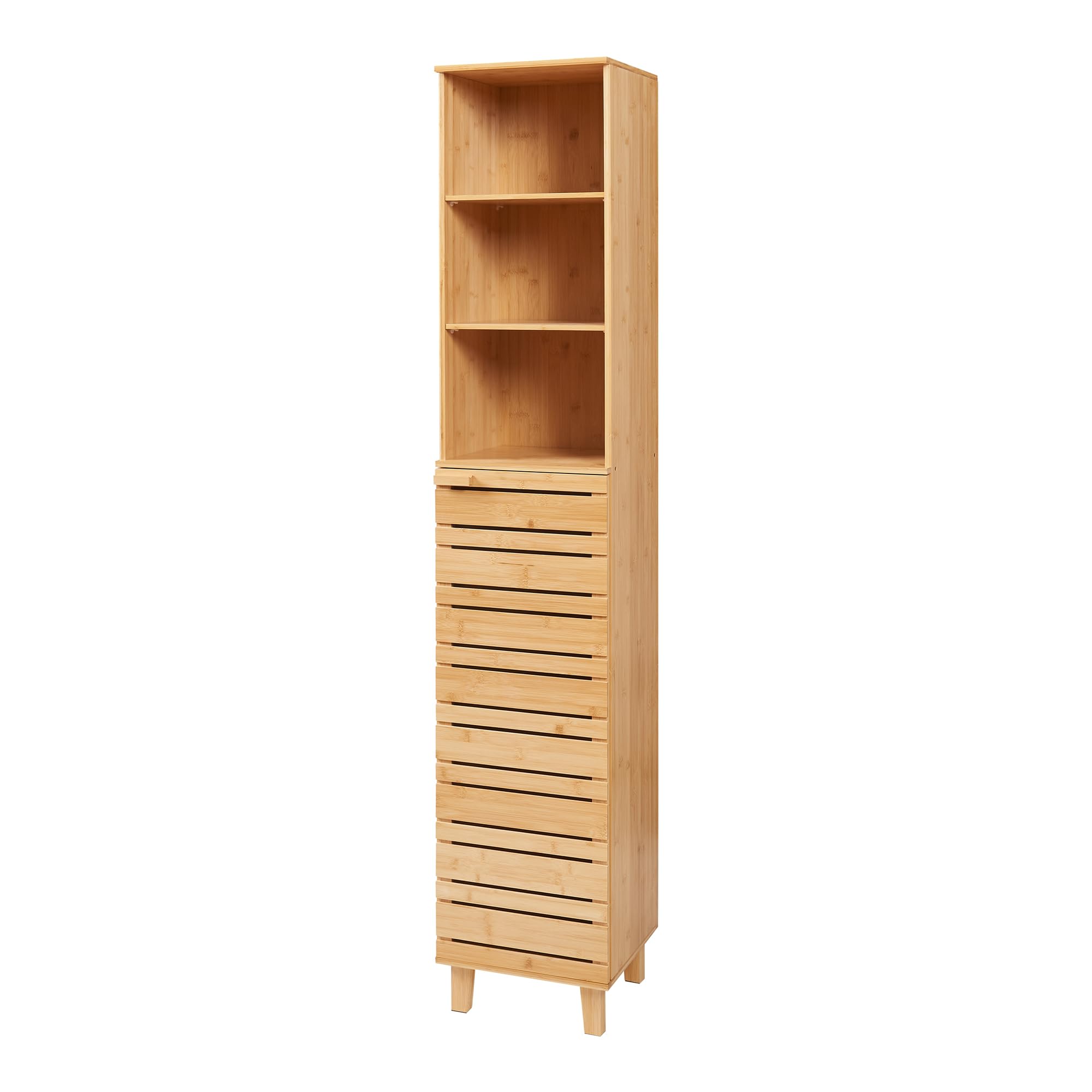 [en.casa] Mobile a Colonna da Terra per Bagno Lavanderia Corridoio Mobile Alto 180 x 33 x 30 cm con Scomparti Aperti e Chiusi da Anta e Ripiano - Bambù Naturale