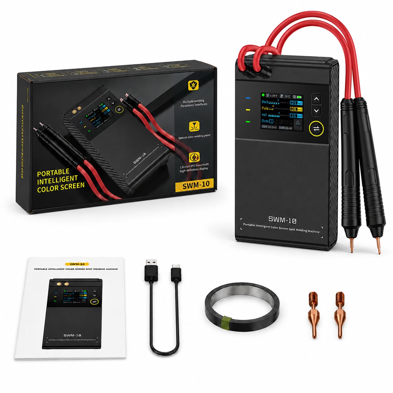Soudeuse par Points Portable 0,1-0,25mm, SWM-10 Mini Spot Welder 0-1200A avec Écran LCD et Batterie 5000mAh, pour la Fabrication de Batteries DIY