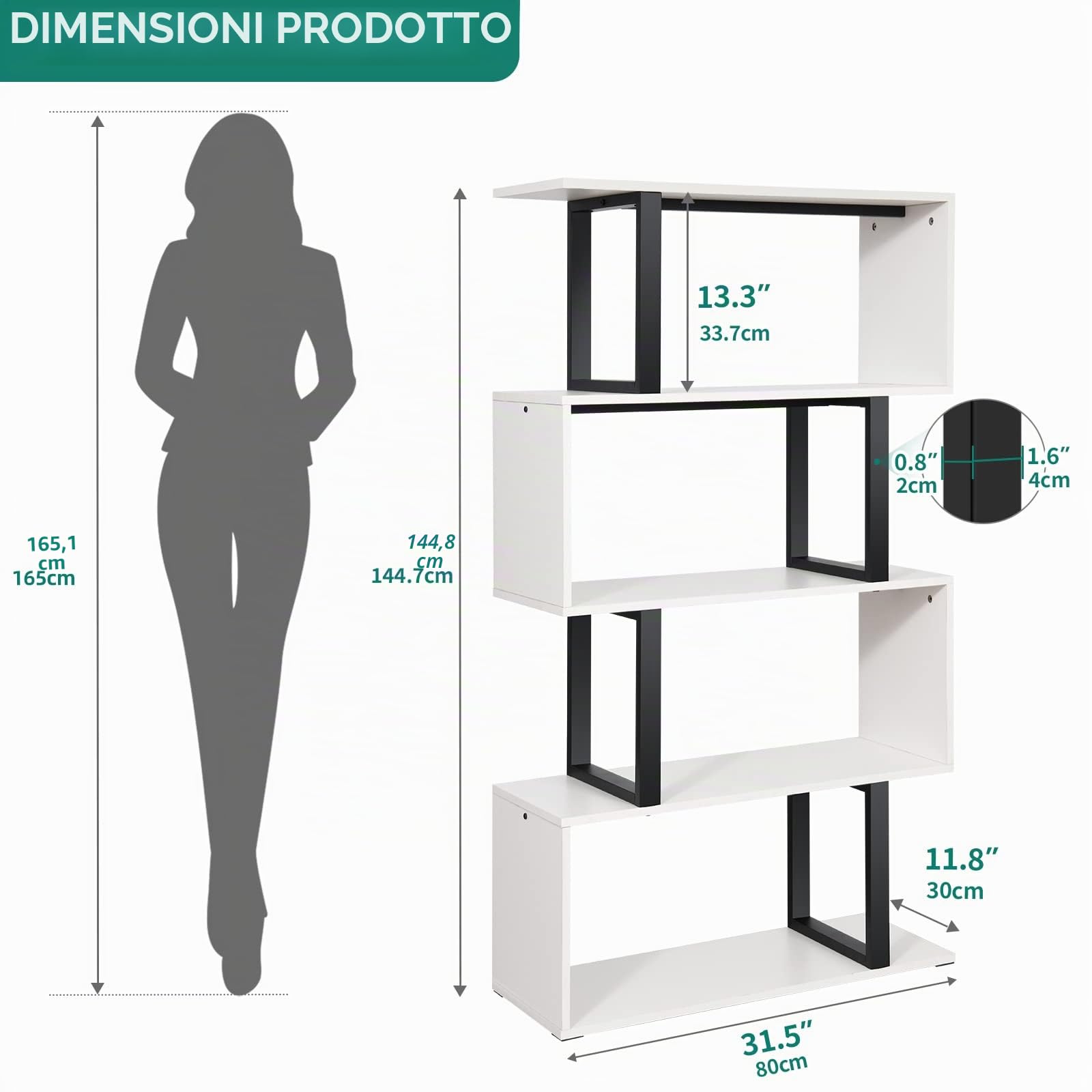 YITAHOME Libreria a 5 livelli, scaffale a forma di S, scaffale a Z e libreria, moderna e autoportante, multifunzione, per soggiorno, casa, ufficio, bianco panna