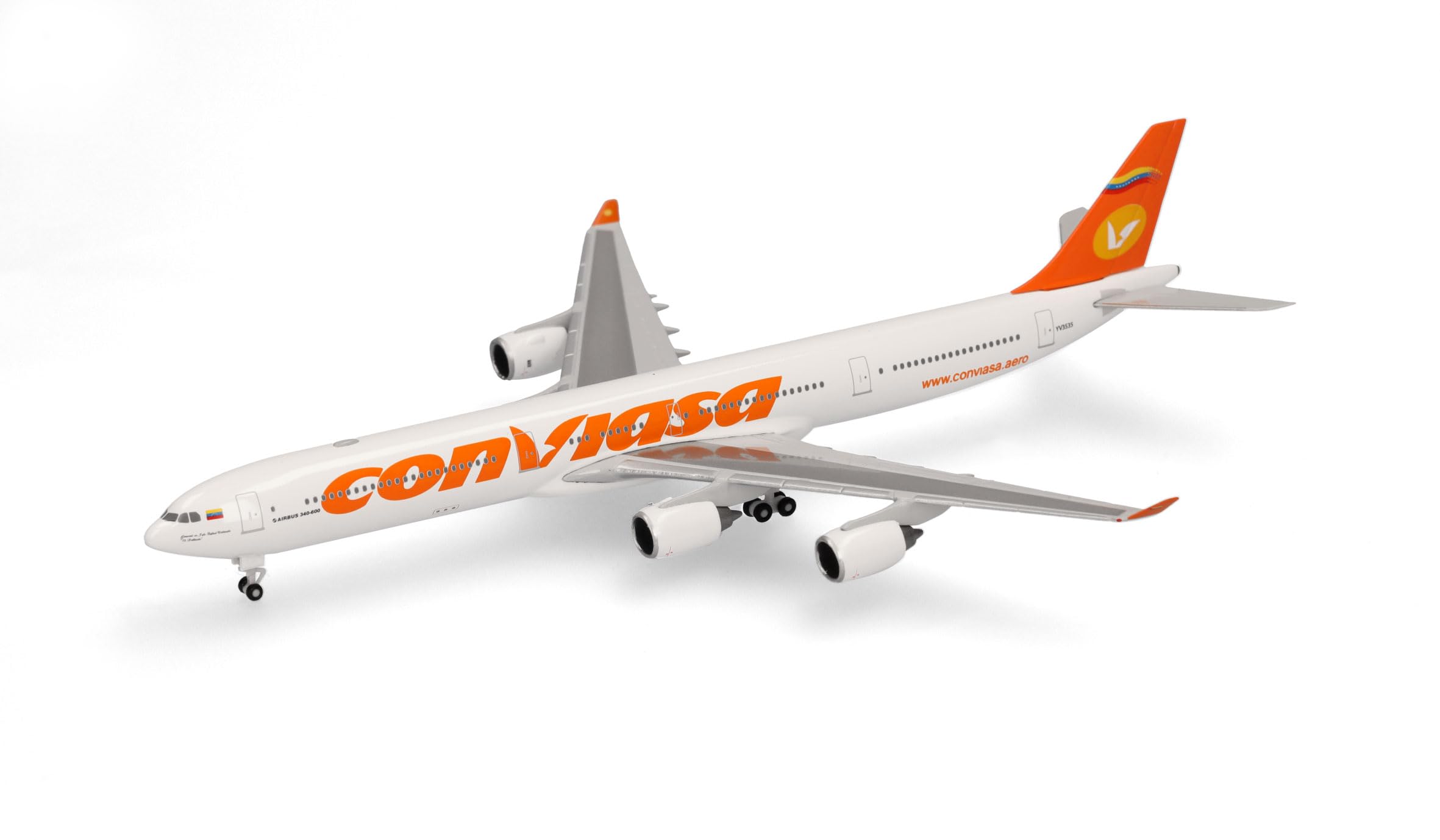Herpa Modèle réduit Avion Conviasa Airbus A340-600, Miniature à l’échelle 1:500, pièce de Collection, modèle d’Avion sans Socle, métal