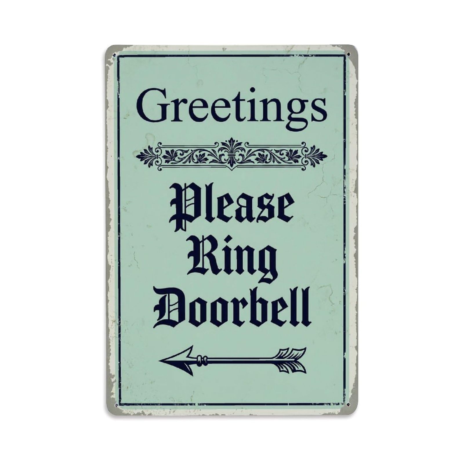 Vintage Greetings Please Ring Doorbell Arrow Border Metal Tin Sign