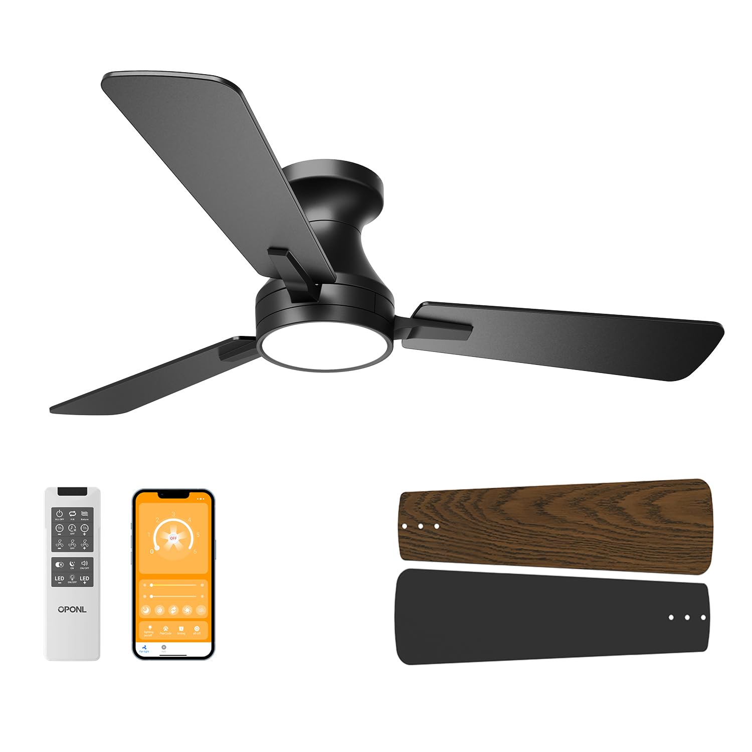 OPONL 42 Inch Ceiling Fans with Light, Black Low Profile Ceiling Fan with Light, Remote Control, Flush Mount, Reversible, 6CCT, Dimmable, Noiseless,