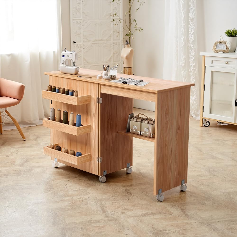 Warmiehomy Folding Sewing Machine Table with Storage Shelves and Wheels