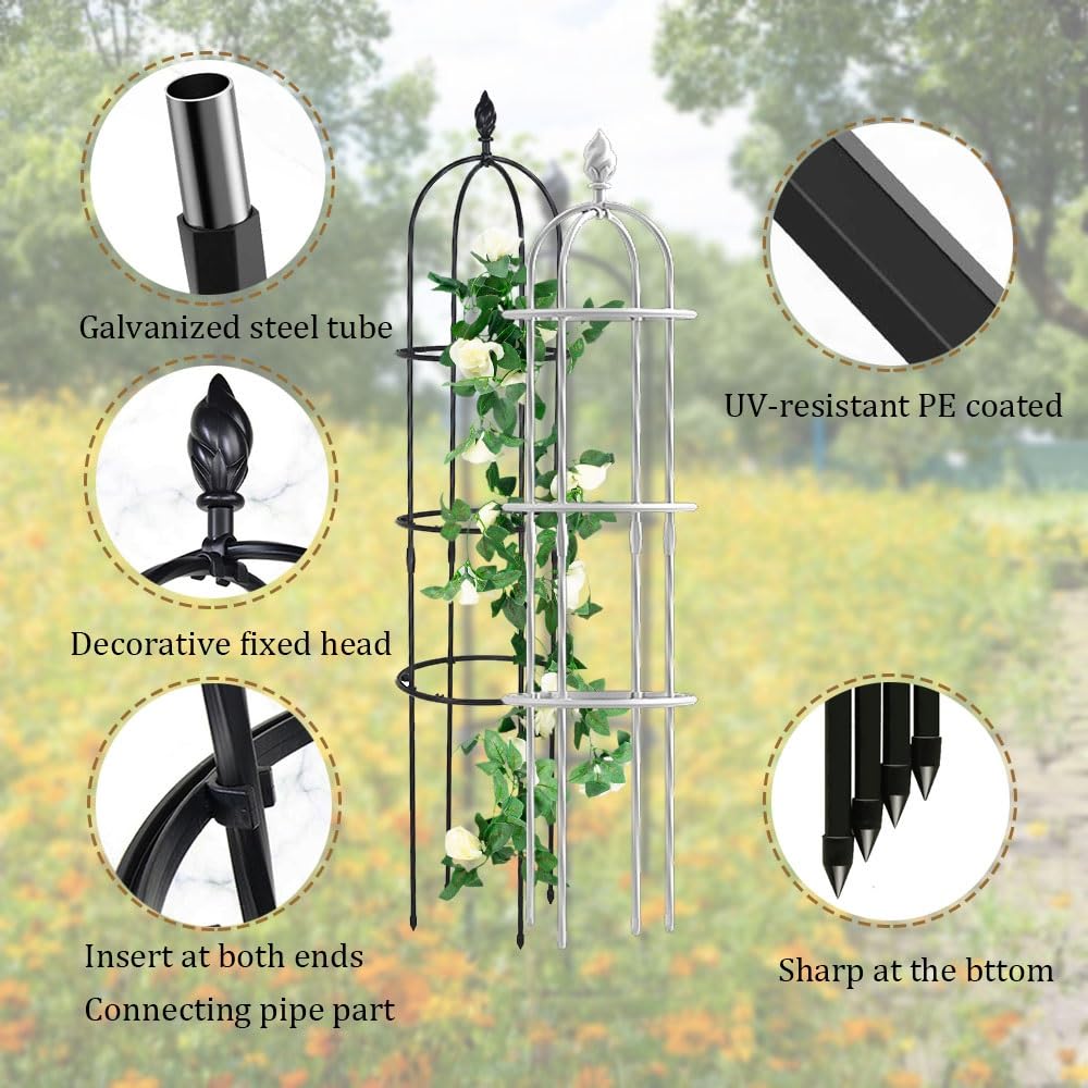Clématite Treillis Tuteur De Jardin Obélisque 1.2m 1.8m 2.1m Tuteur pour Plantes D'intérieur pour Roses Plantes Rampantes Assemblage Facile(Noir,H-2.10m)