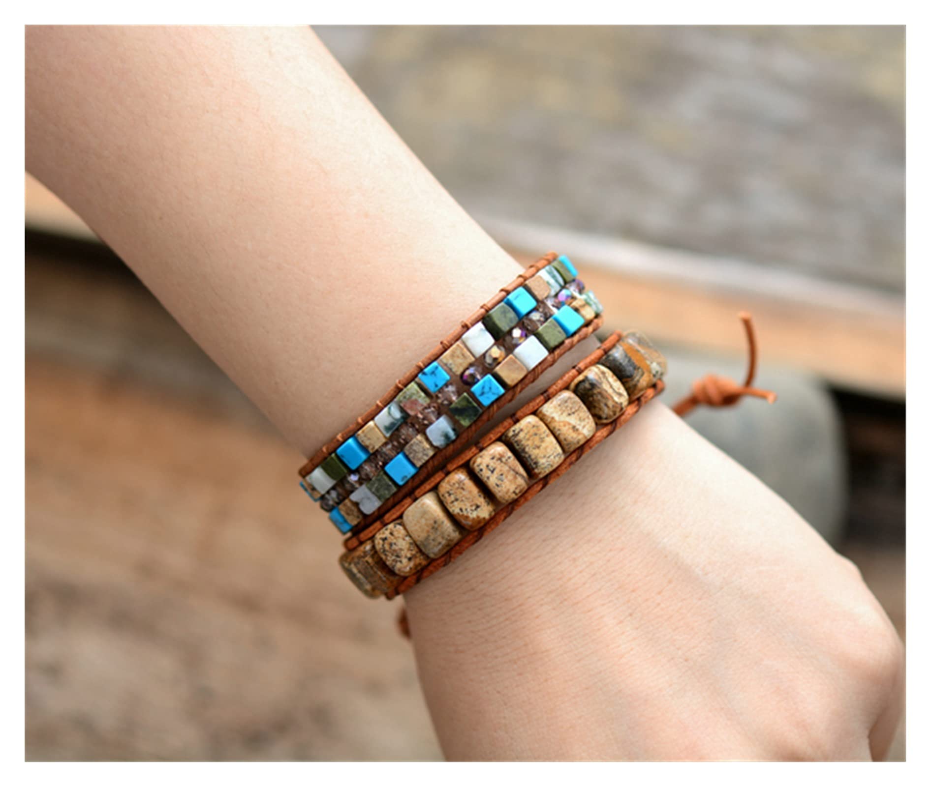 Naturstein-Armband, einzigartiger Stein, einzelne Leder-Wickelarmbänder, Web-Armband, Armband-Schmuck