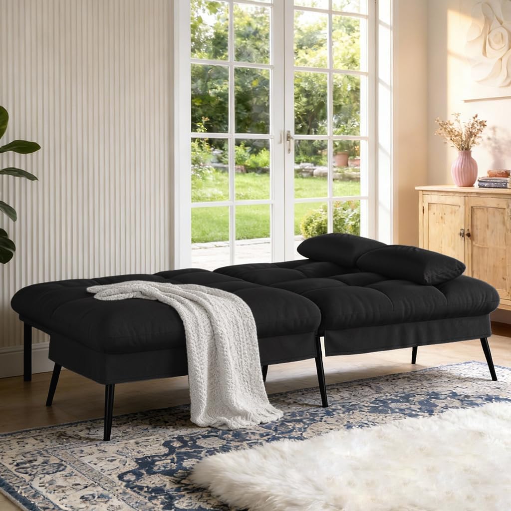 COMHOMA 72″ Futon Sofa Bed, Sleeper Sofa with Adjustable Backrest, Black | Convertible Fabric Futon Couch with Pillows,Upholstered Recliner Lounge,Multi-angle Loveseat,Living Room Furniture