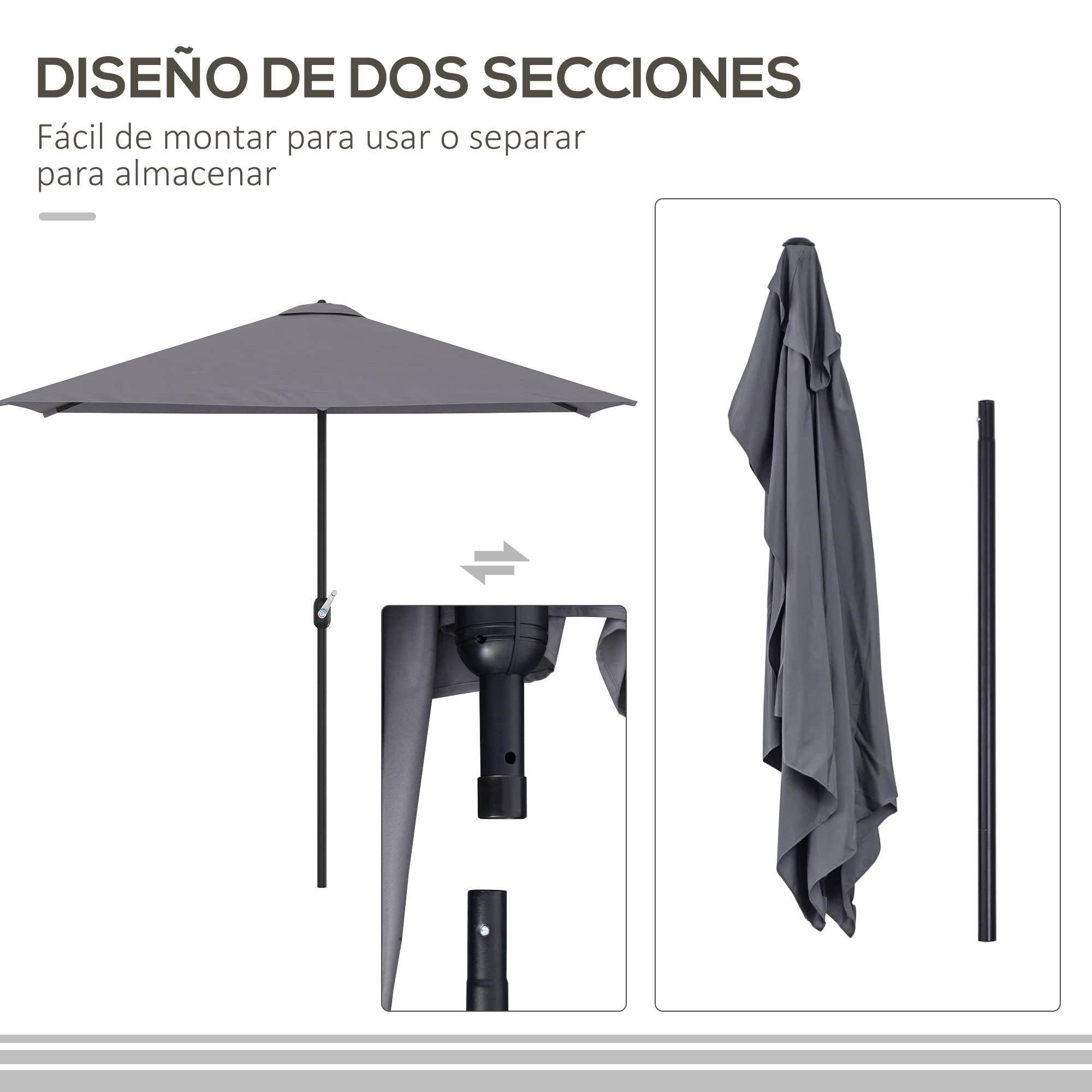 Outsunny Sombrilla Rectangular 230x130x245 cm Parasol para Pared con Manivela Protección UV 30+ Impermeable Sombrilla para Balcón Terraza Jardín Gris
