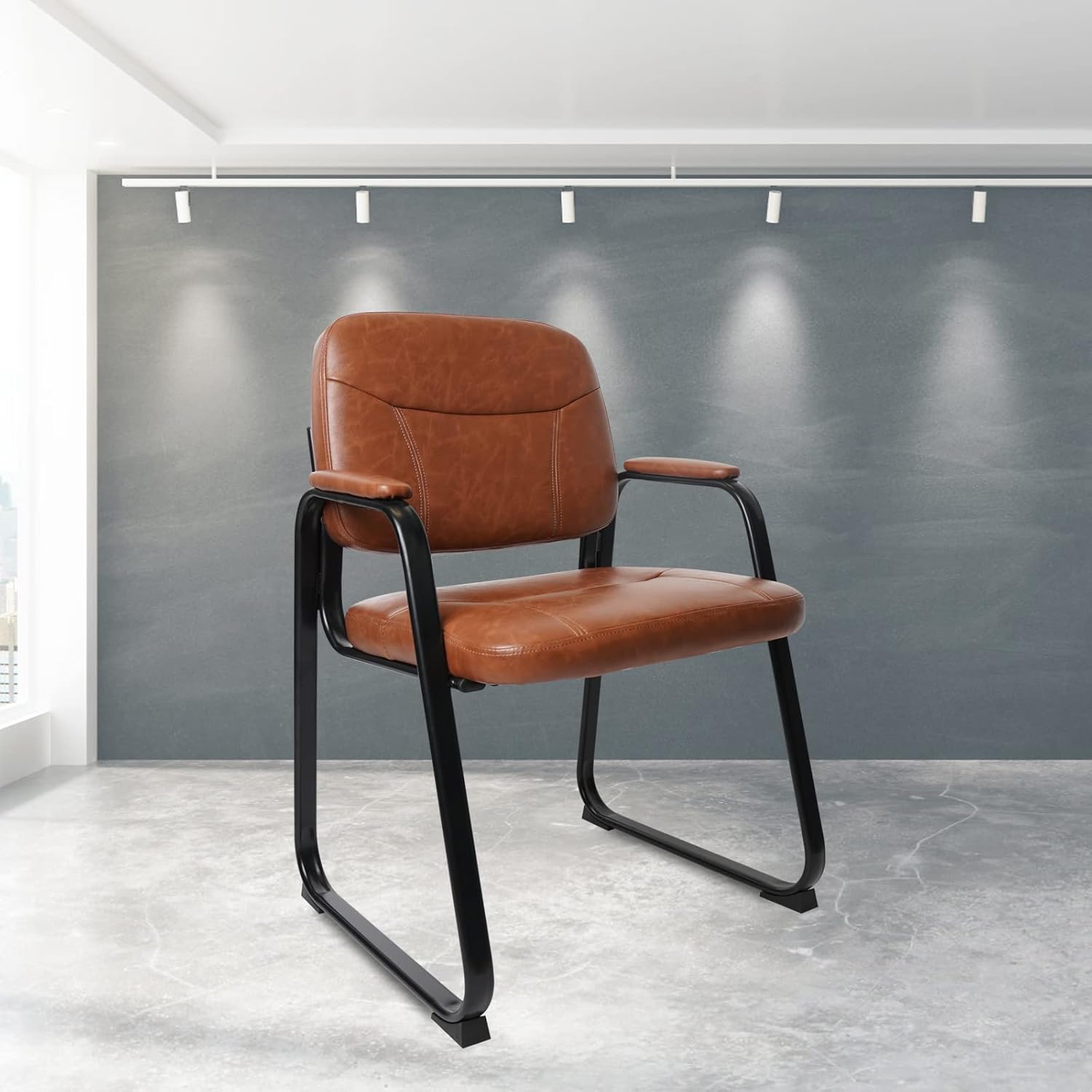 CLATINA Waiting Room Guest Chair Bonded Leather Padded Arms Rest Modern Style with Sled Base and Solid Metal Frame for Office Reception and Conference Desk 4Pack（Brown）