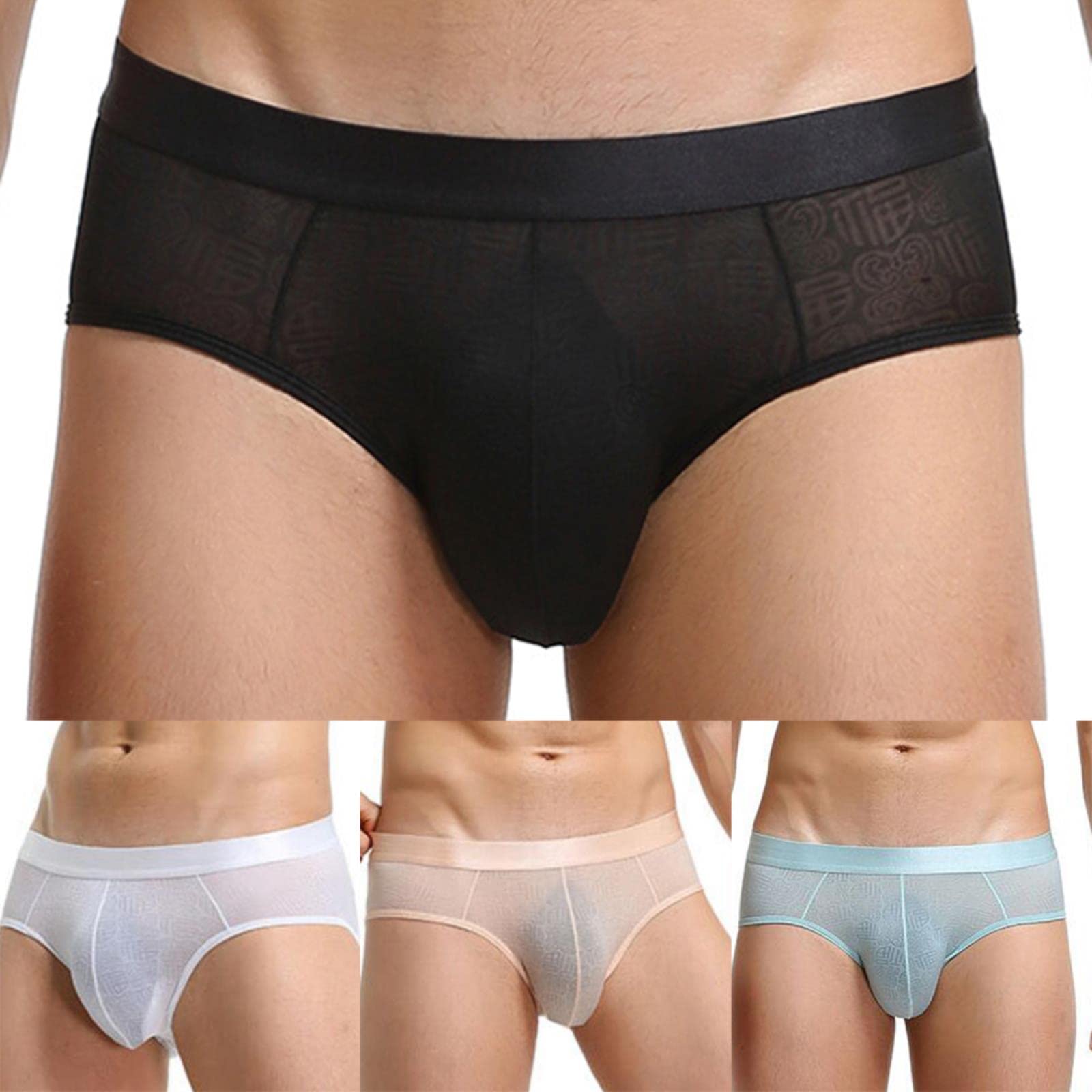Calzoncillos/slips para hombre súper suaves y cómodos de seda helada con malla transparente, diseño estampado, sexy, exótico y de cintura baja