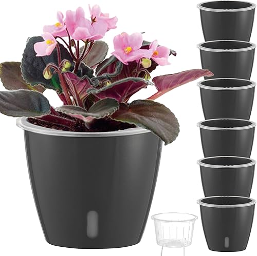 Miniatura 44 de Macetas de autorriego para plantas de interior, paquete de 6 macetas de riego automático de 5 pulgadas con orificios de drenaje, macetas pequeñas