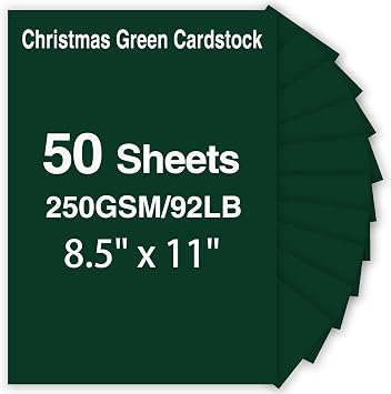 Christmas Green Paper, KTFNOMES 50 Sheets 8.5 x 11 Green Cardstock, 250gsm/92lb Card Stock Printer Paper for Christmas, Halloween, Invitations, Crafts, DIY Cards, Scrapbooking, and Stationery Printing
