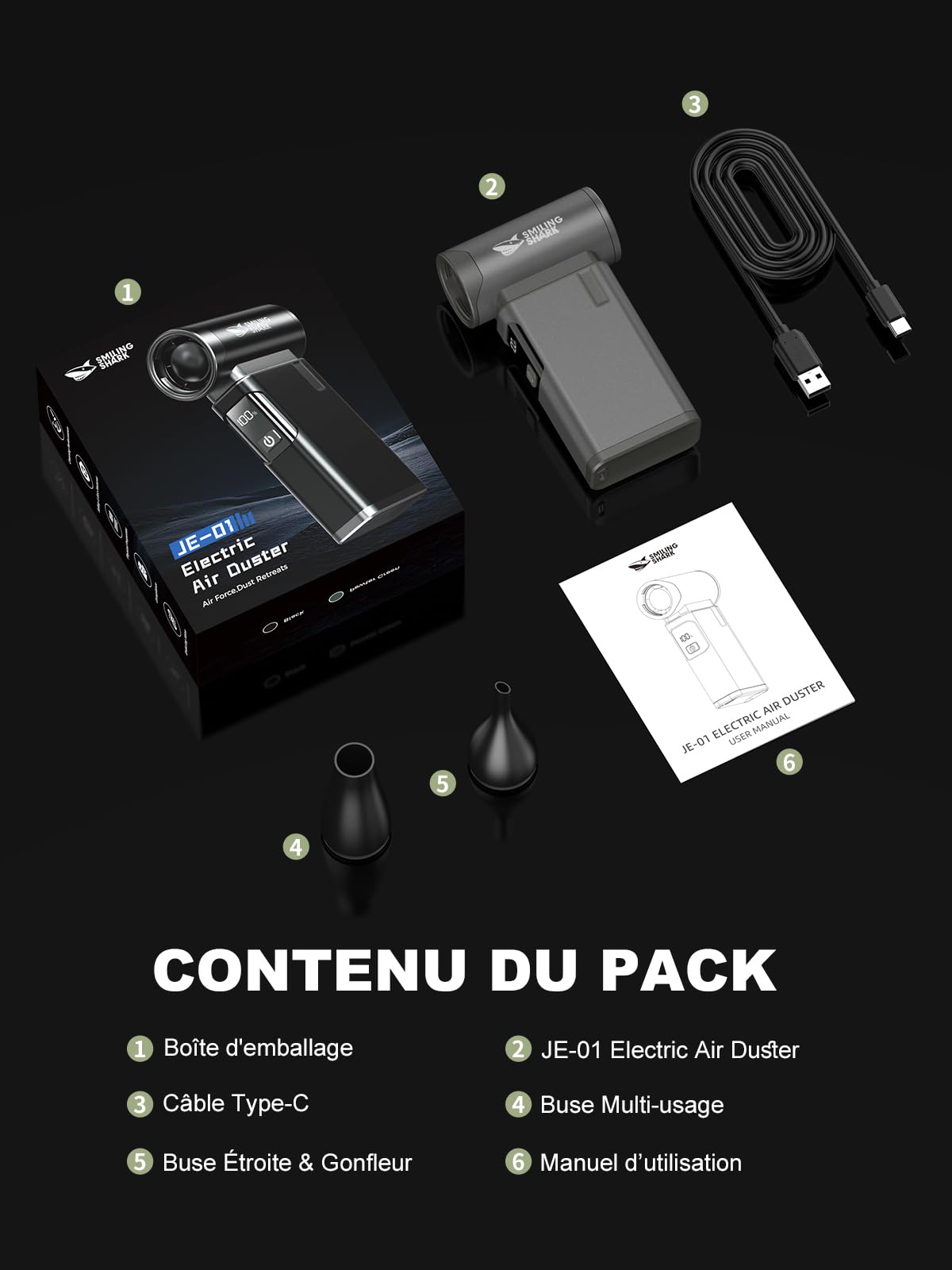 Smiling Shark JE-01 Souffleur Air Comprimé, Brushless Motor Dépoussiérants Puissants Électrique avec Écran LED & Corps en Alliage d'Aluminium, 4-Gears Mini Souffleur Sans Fil pour PC/Clavier/Campfire
