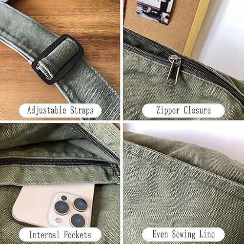 Canvas Messenger Bag Large Messenger Bags for Women Men Casual Canvas Crossbody Shoulder Bag with Multiple Pockets (Grey)
