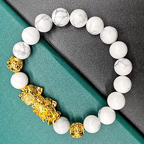 Homelavie Feng Shui Black Obsidian Wealth Bracelets Golden Pixiu Dragon Natural Stone Bracelet for Men Women Boy Girl Attract Wealth and Good Luck (Howlite) - Image 4