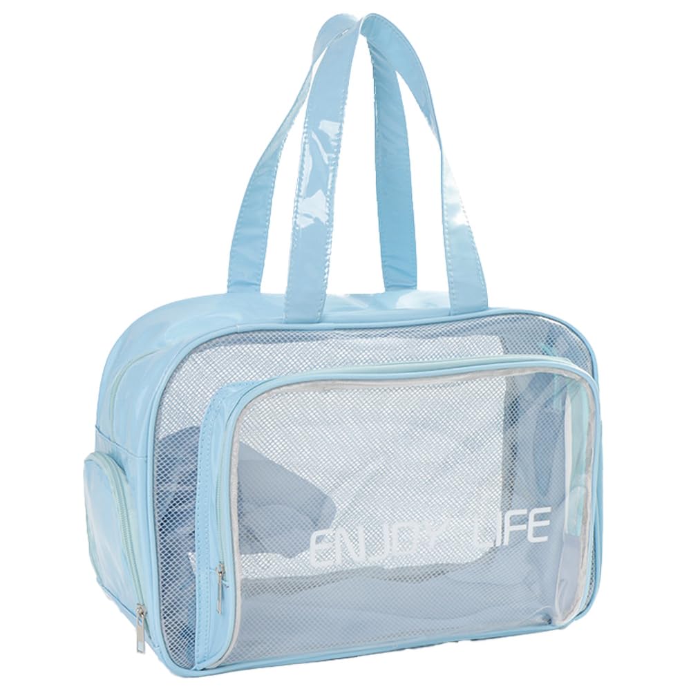 Neceser de viaje, bolsa de aseo transparente con asa, bolsa de maquillaje impermeable para playa, viajes, gimnasio, Azul, L