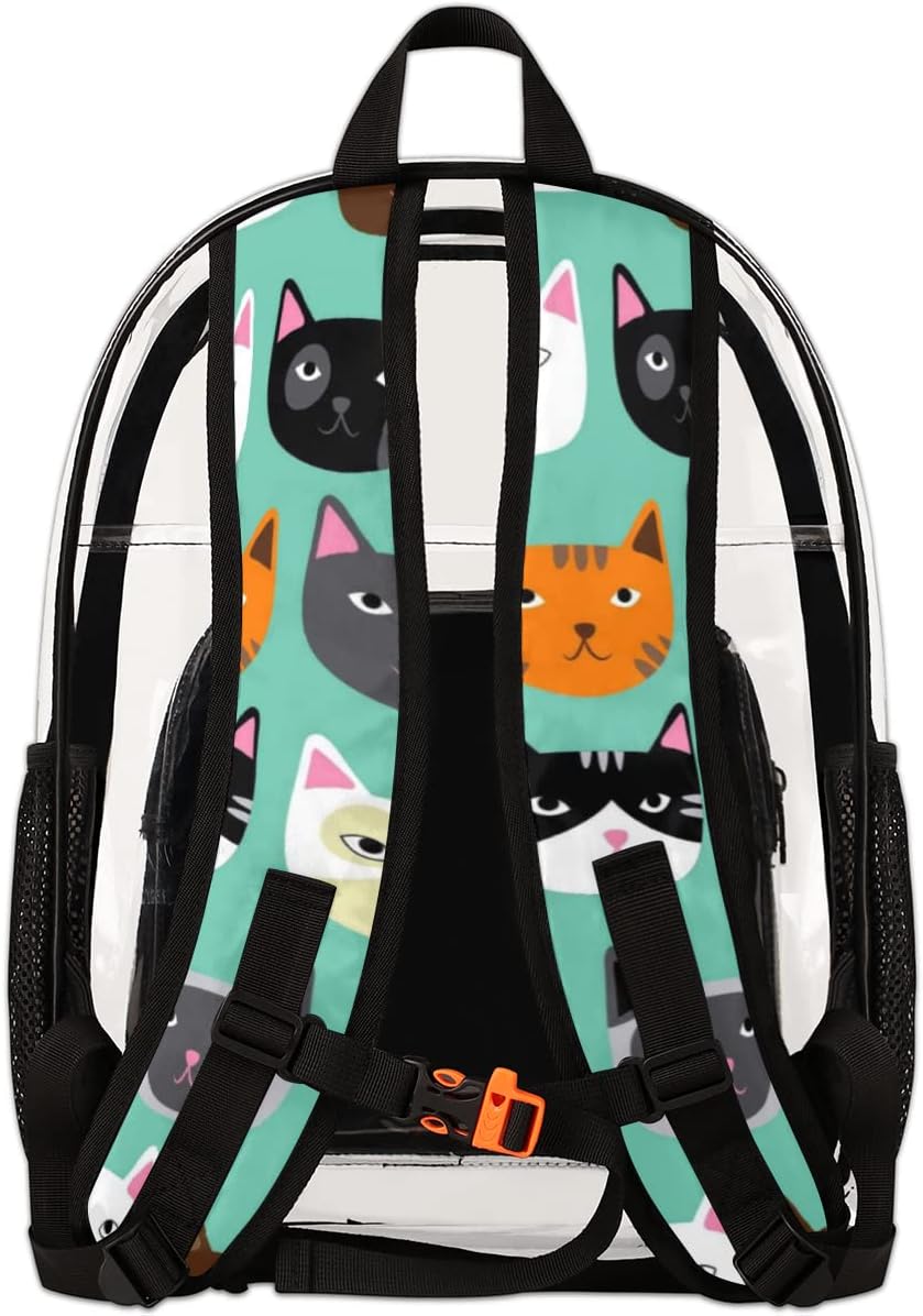 Cute Cat Face Clear Backpack Stadium Approved Heavy Duty PVC Transparent Backpacks Large Laptop Backpack for Work Travel Sports Events Concerts