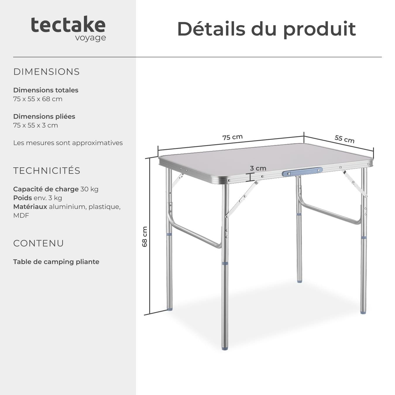 Tectake Table Pliante de Pique Nique Camping Aluminium Léger Compact Hauteur Réglable 75x55x68 cm