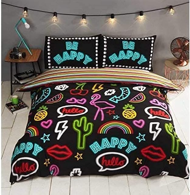 Rapport Funky Neon Reversible Striped Duvet Cover Bed Set, Polycotton, Black, Double