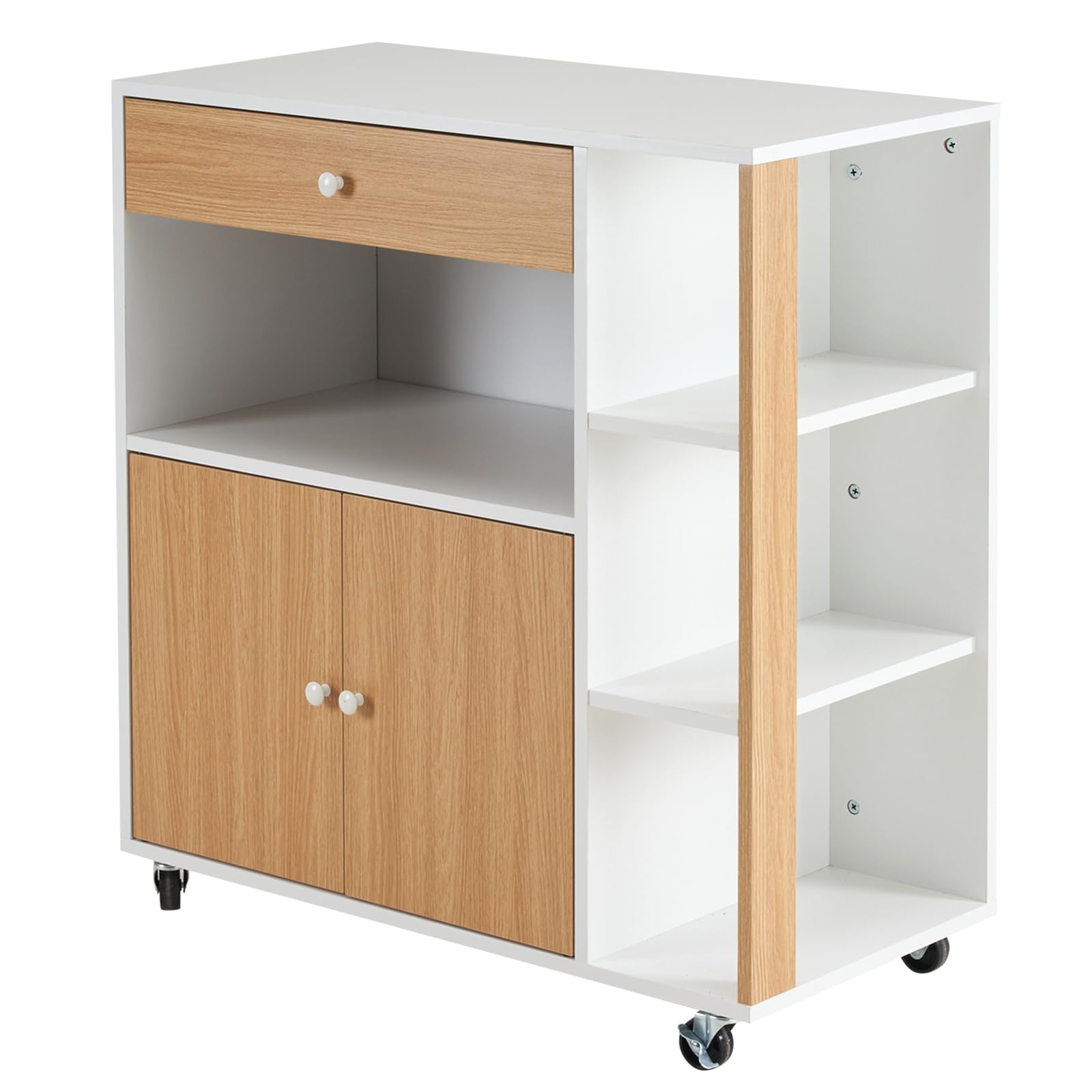 Bonnlo Küchenwagen mit Rollen, Kühceninsel, Servierwagen mit Schublade, Küchenschrank Arbeitsplatte aus Holz, Weiß & Holz,80x39x86.5cm