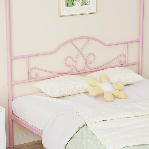 Miniatura 6 de Weehom Base de cama con dosel, tamaño matrimonial con cabecero y estribo, cuatro pósteres de metal para cama, base de colchón, plataforma de cama,