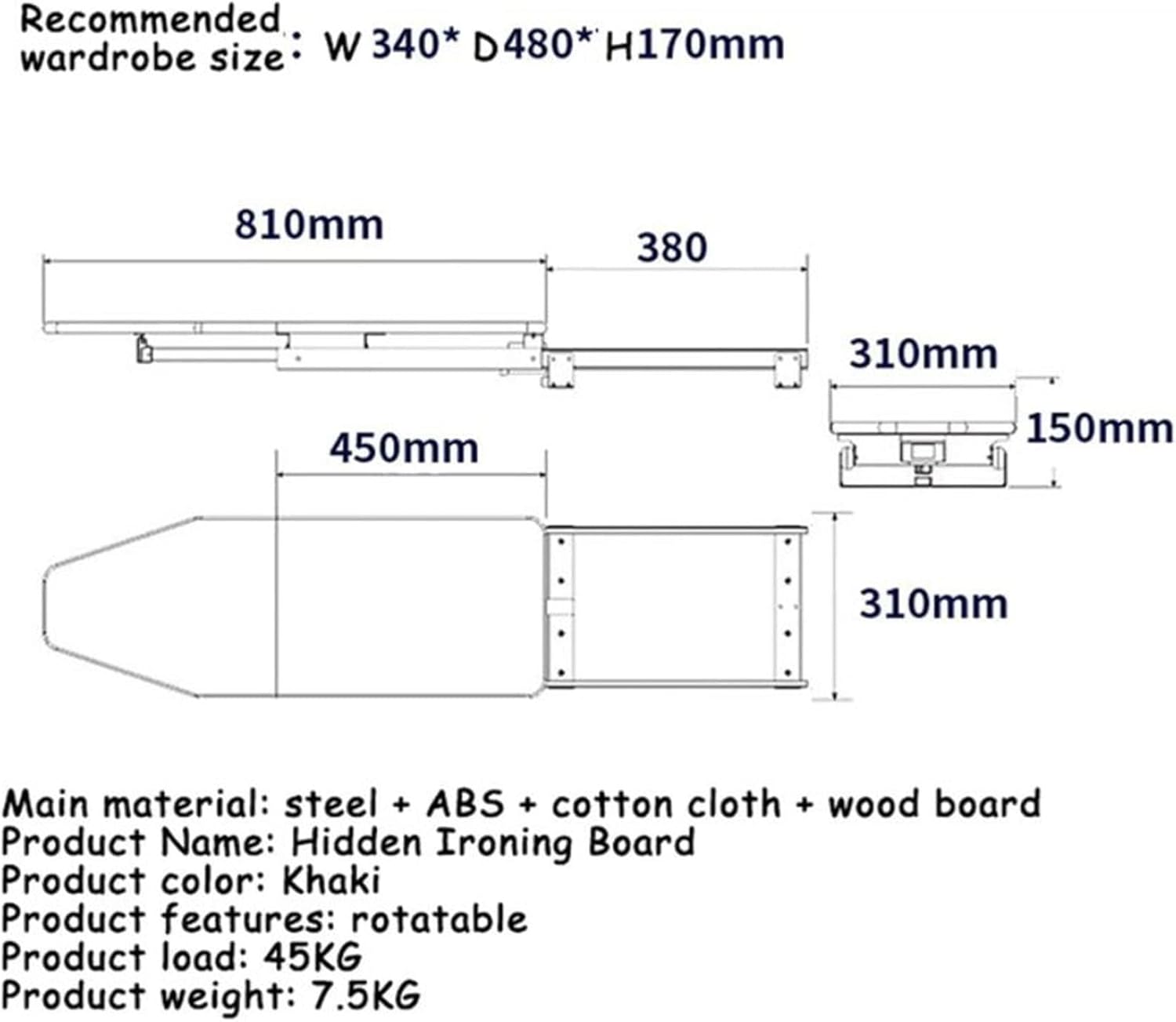 Ironing Board Wooden Folding Ironing Board Rotatable 90° Drawer Ironing Platform with Heat-Resistant Cover for Space Saving Foldable Ironing Station (Beige 81 * 31cm) (Beige 81 * 31cm)