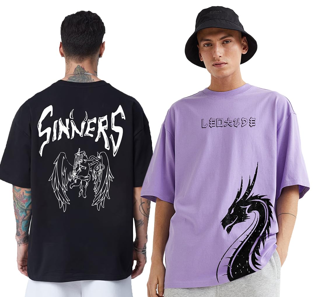 leotude Men Cotton Round Neck Oversized Half Sleeve Printed T-Shirt Combo (Pack of 2)-picture-11