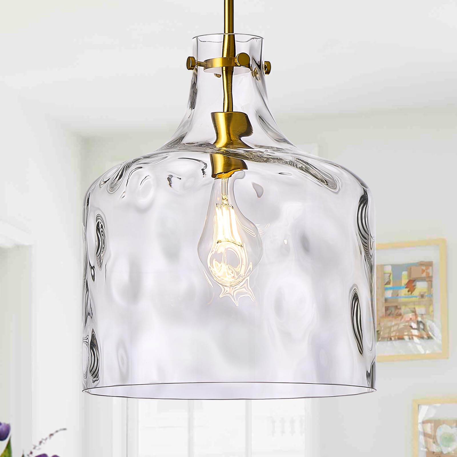 12" Gold Farmhouse Pendant Light, Hammered Glass, E26 Hanging Light