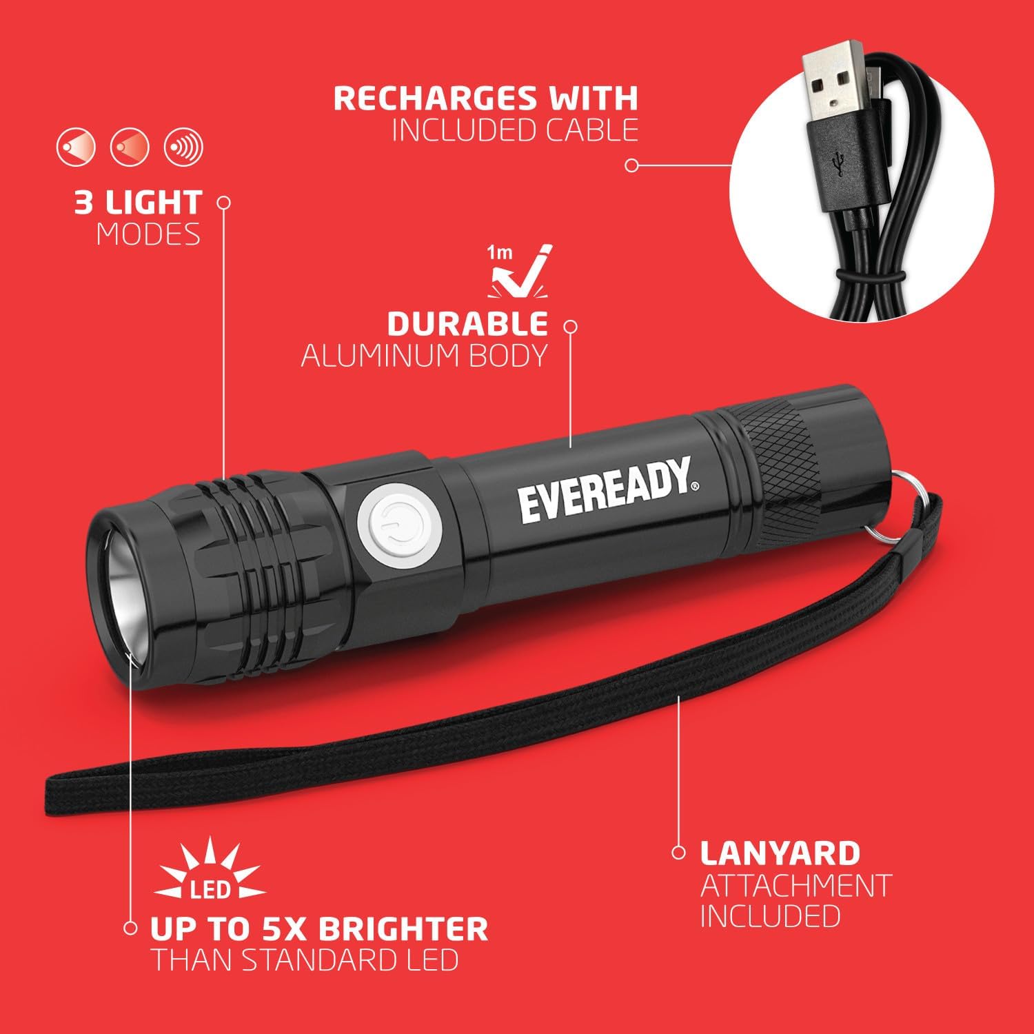 Diagram showing Eveready flashlight features: 3 light modes, rechargeable, durable aluminum body, LED up to 5x brighter, and lanyard attachment.