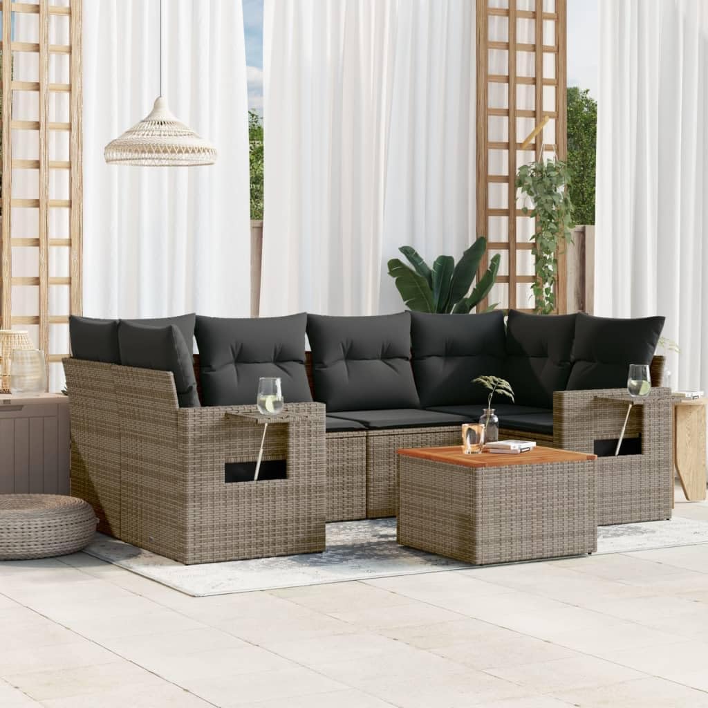 7-Piece Garden Sofa Set in Grey Modern Design with Weather-Resistant Poly Rattan and Acacia Wood for Outdoor Patio Furniture and Modular Seating
