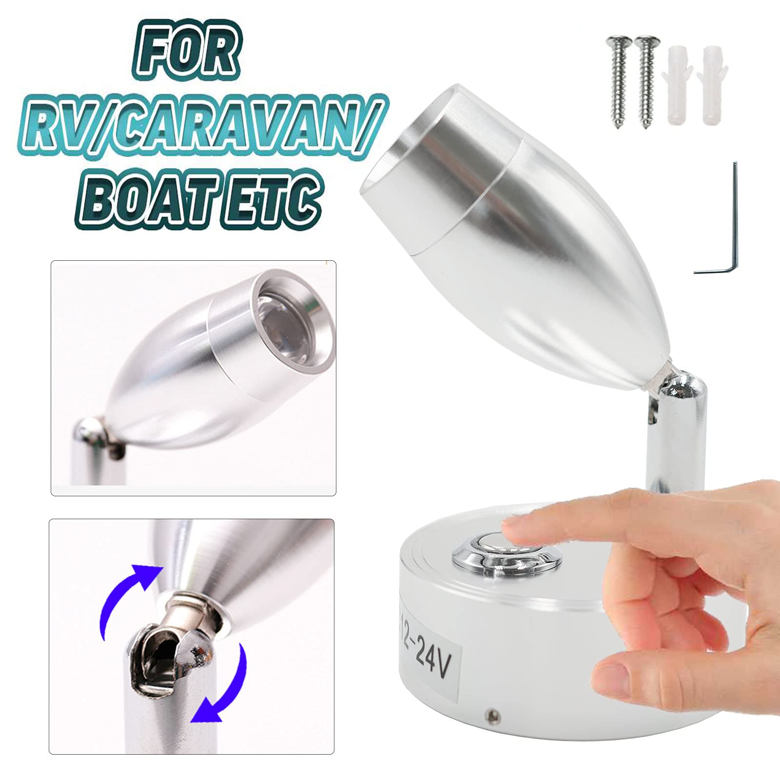 JUTTAUTO Luci di lettura a LED da 12V con porta di ricarica USB, luce interna per camper, barca, touch dimmerabile, 5 V/2A, 3200 K, luce bianca calda (argento), 2 pezzi