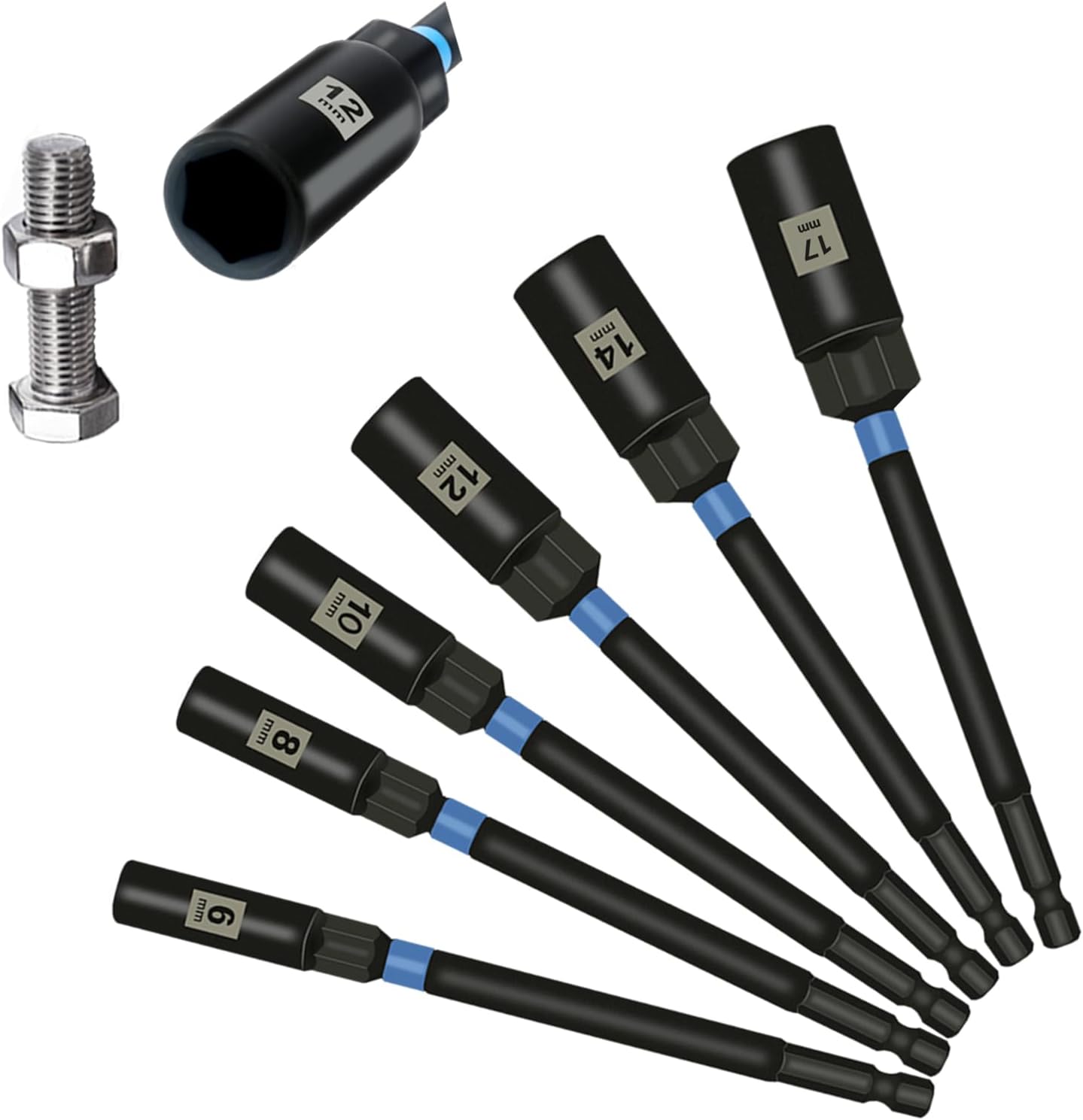 6 Pcs 150 mm Extended Deep Socket Set 6-17mm, Hexagon Nut Setter Driver Drill Bits Set with 1/4 hex Shank, Long Reach Impact Driver, Nut Runners Bolt Extractor Sockets