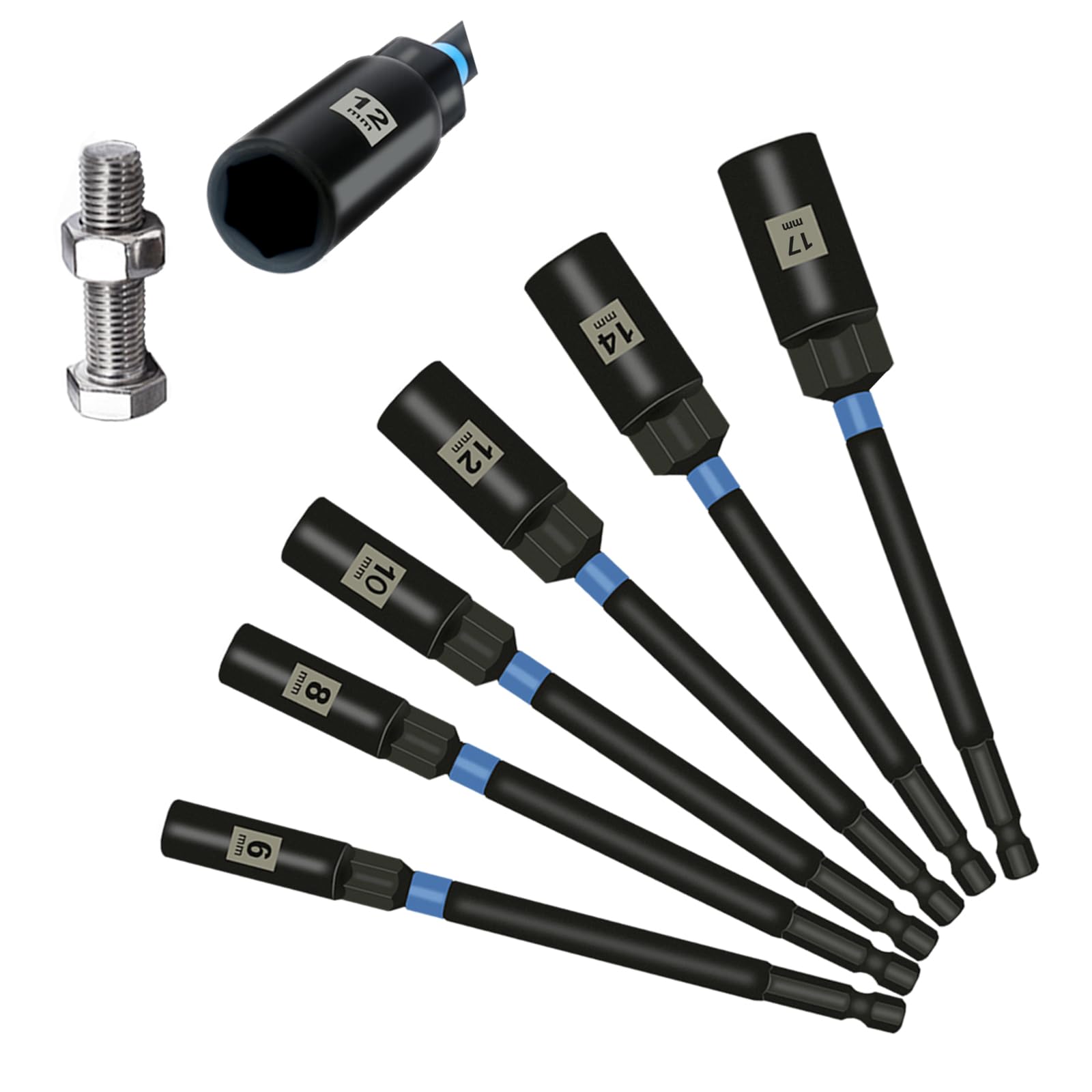 WojBear 6 Pcs 150 mm Extended Deep Socket Set 6-17mm, Hexagon Nut Setter Driver Drill Bits Set with 1/4 hex Shank, Long Reach Impact Driver, Nut Runners Bolt Extractor Sockets